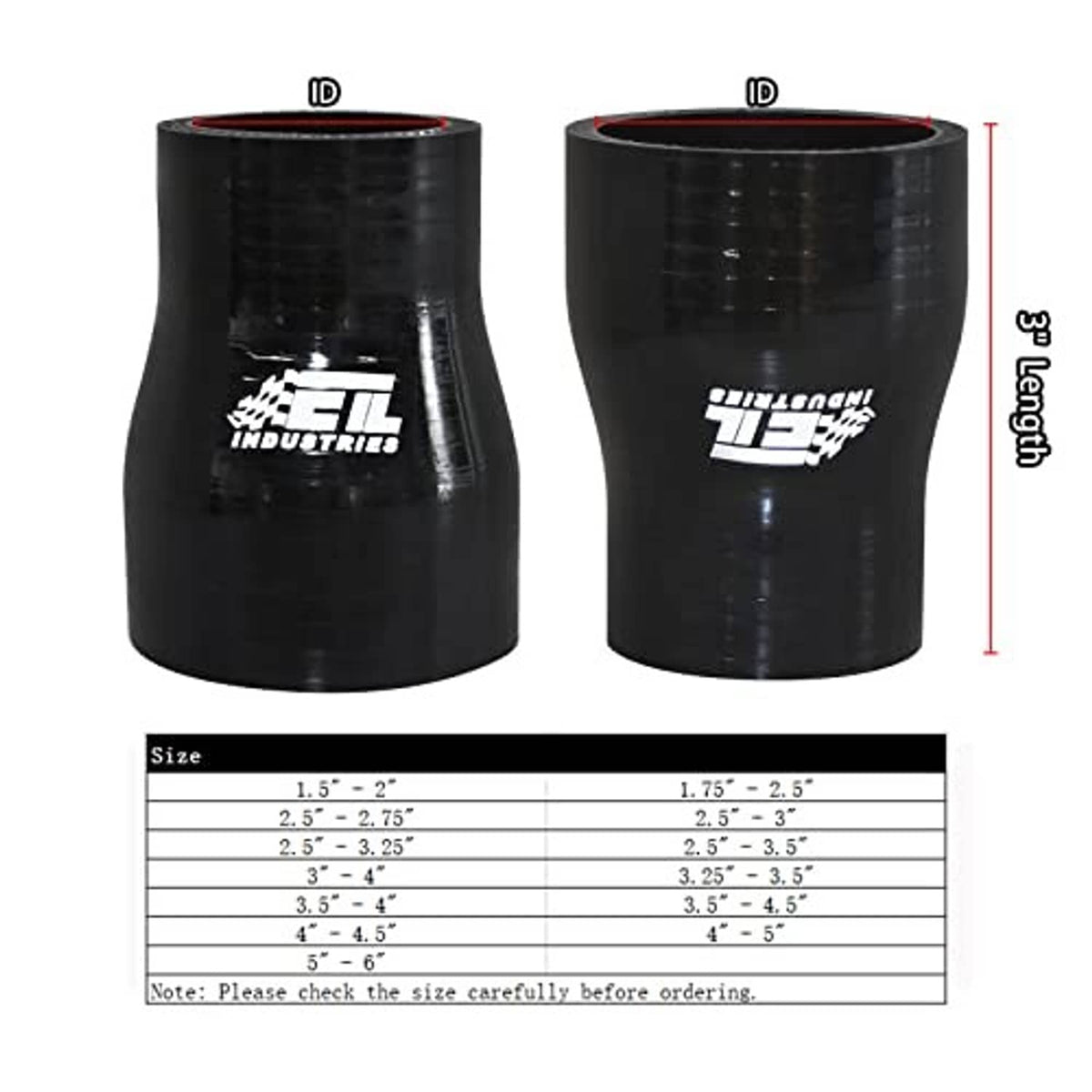 Black silicone reducer coupler pair, shows 3.5 in and 4 in ID ends