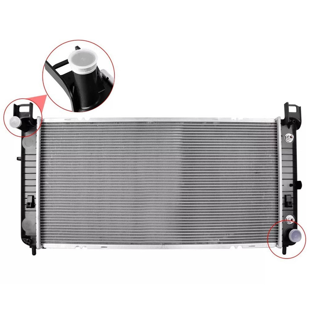 34 in radiator core with silver cooling fins and black end tanks, side inlet/outlet ports