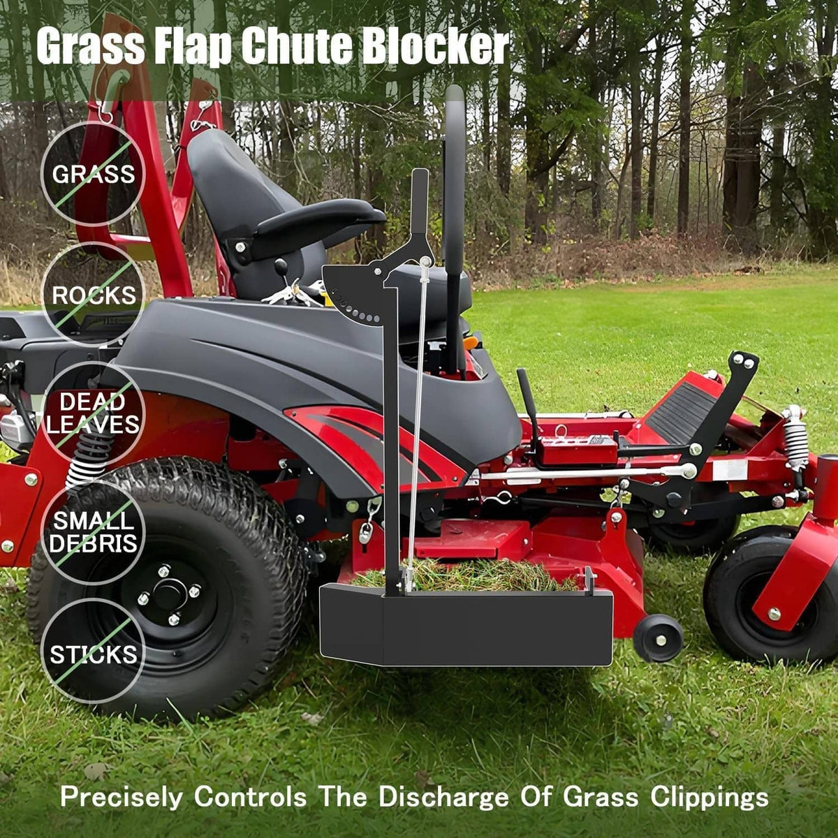 Black chute flap blocker with metal discharge shield and side deflector for lawn mower