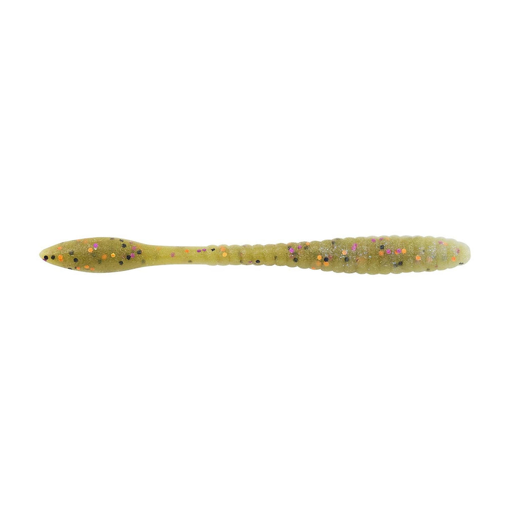 Olive green flat worm fishing bait with purple and orange speckles