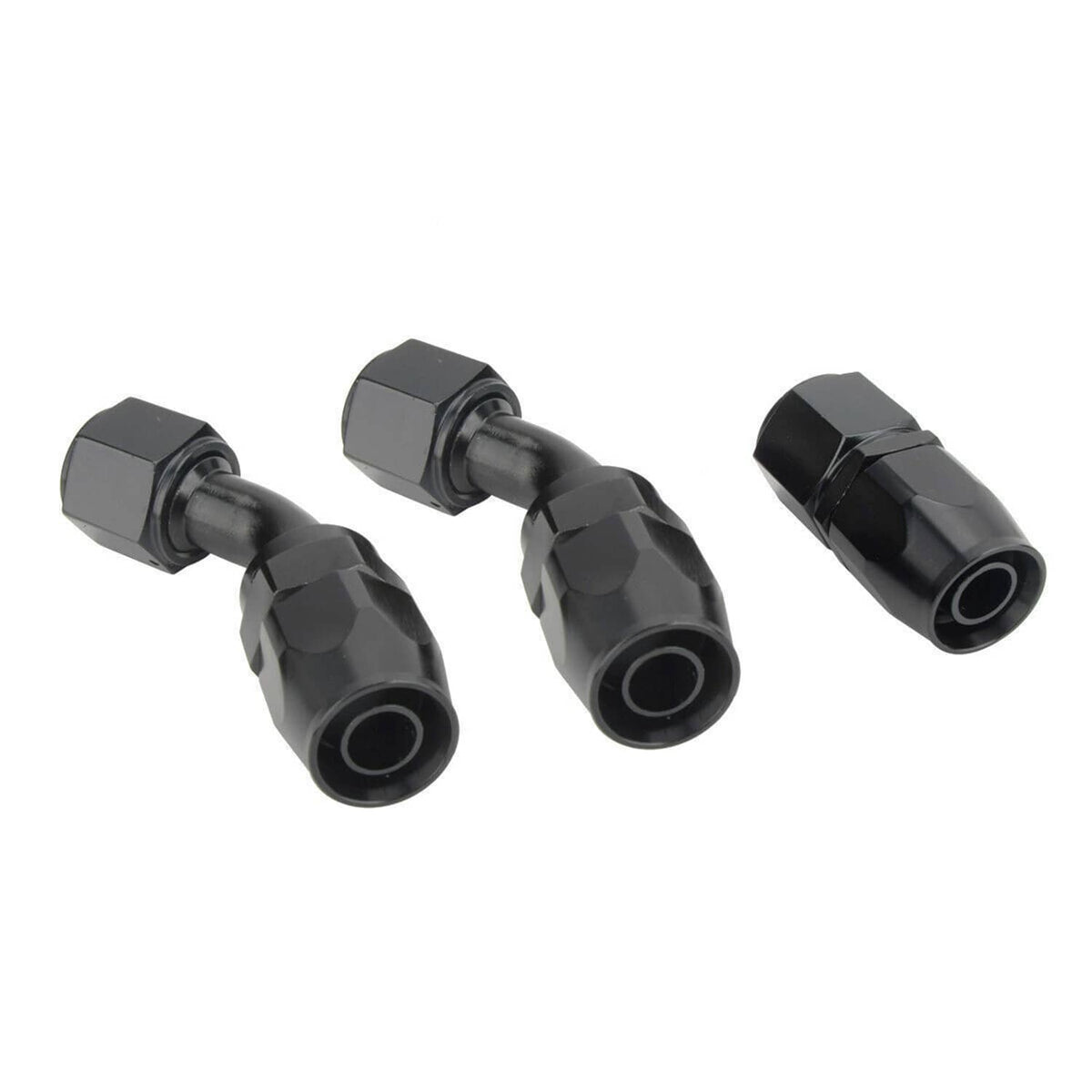 Black quick-connect style oil line fittings with barbed hose ports