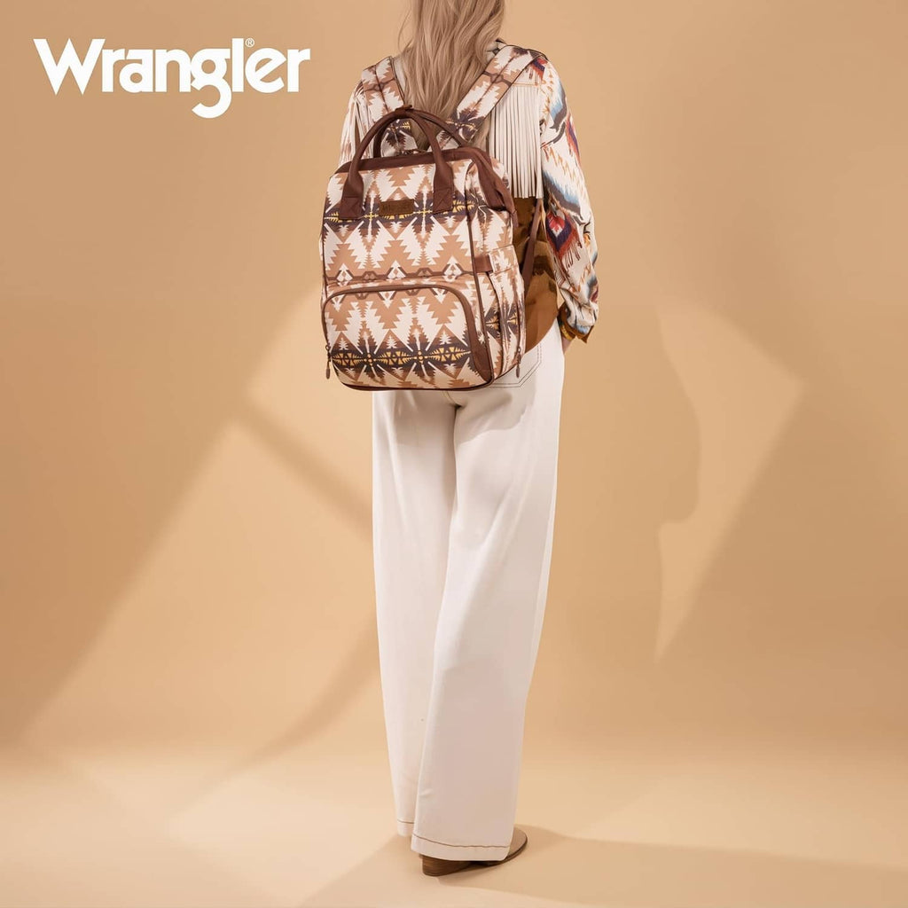 Wrangler Callie diaper bag, beige aztec print with brown trim; front view with hanging straps