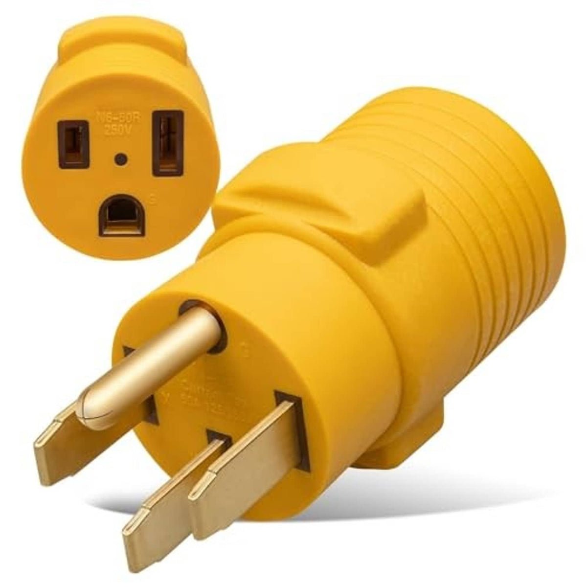 Yellow adapter plug with angled metal grounding blade and 4-prong receptacle face