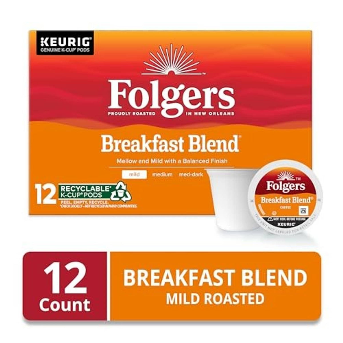 Folgers Breakfast Blend 12-count K-cup box with pod and sealed lid cup.