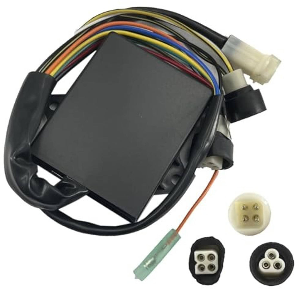 CDI ignitor control module with black housing, colored wire harness, and plug sockets