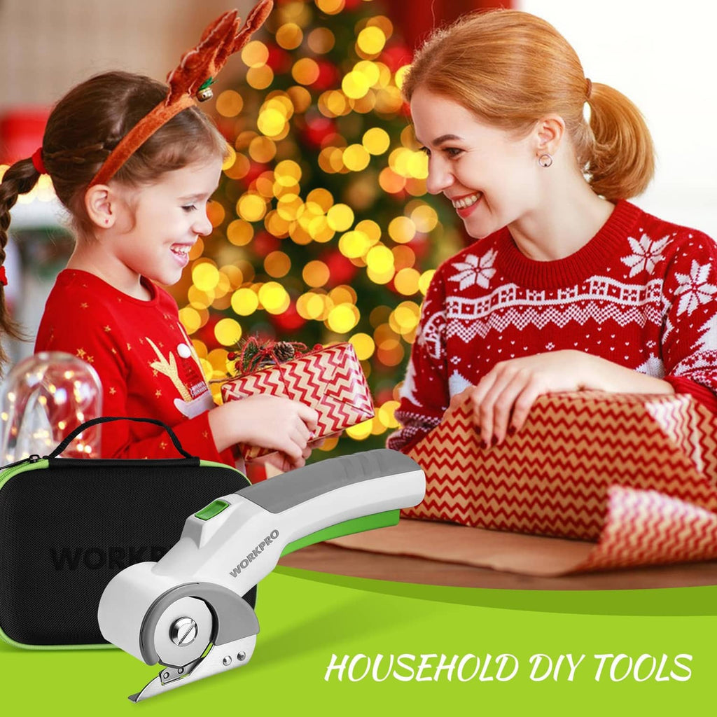 Cordless electric scissors in black carrying case, white body with green handle.