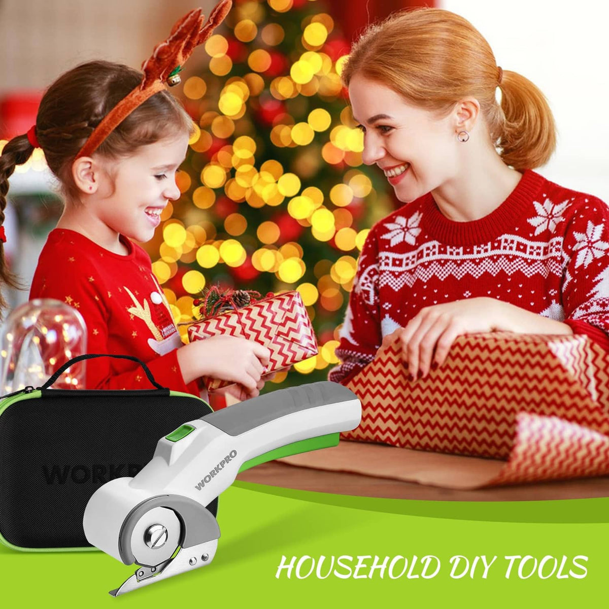 Cordless electric scissors in black carrying case, white body with green handle.