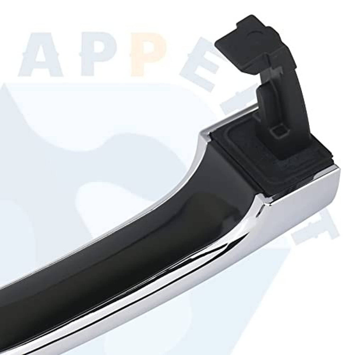 Chrome exterior door handle with black mounting clip and gasket pad detail, angled close-up
