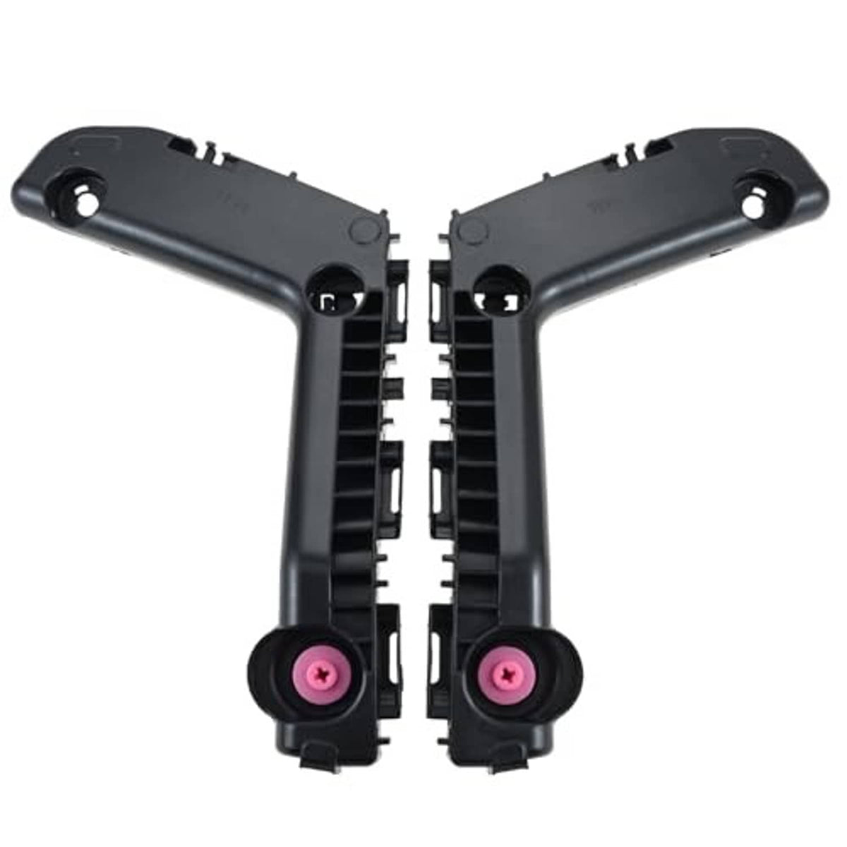 Black plastic front bumper bracket with side mounting holes and pink retainer pins