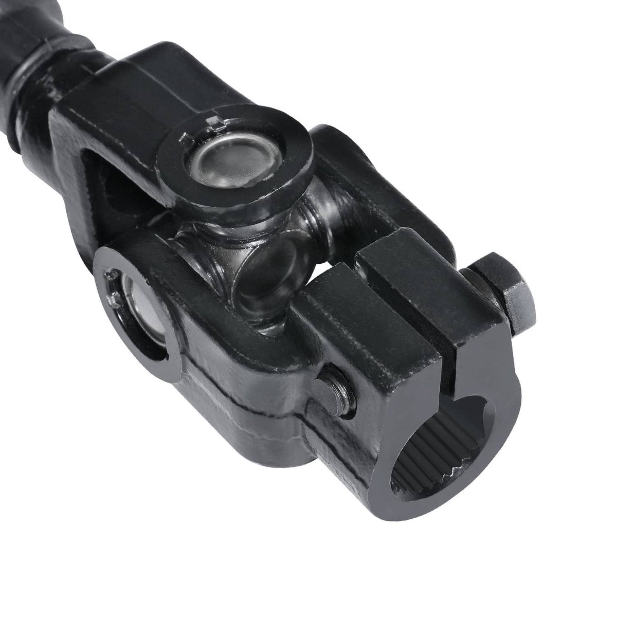 Black power steering shaft coupling with circular bearing and fork connector