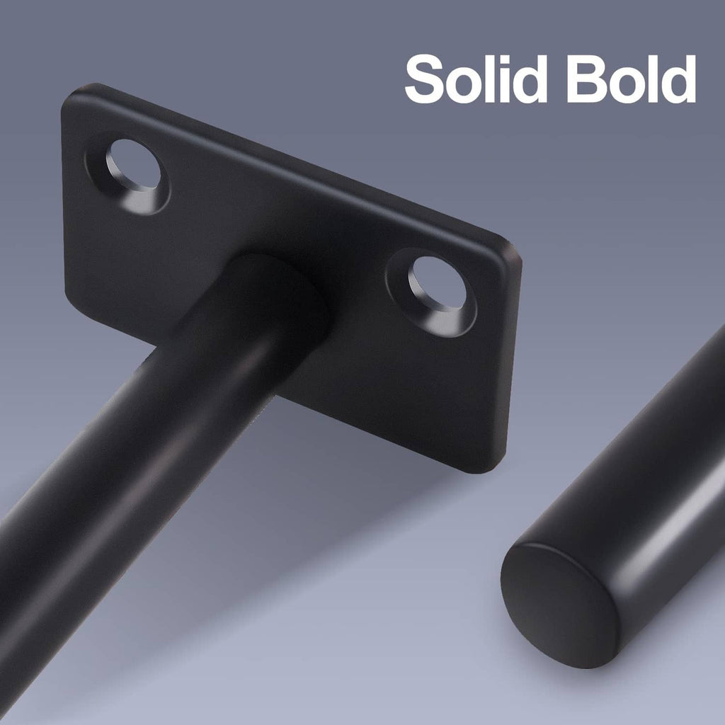 Close-up of black floating shelf bracket with oval wall-mount holes and bar