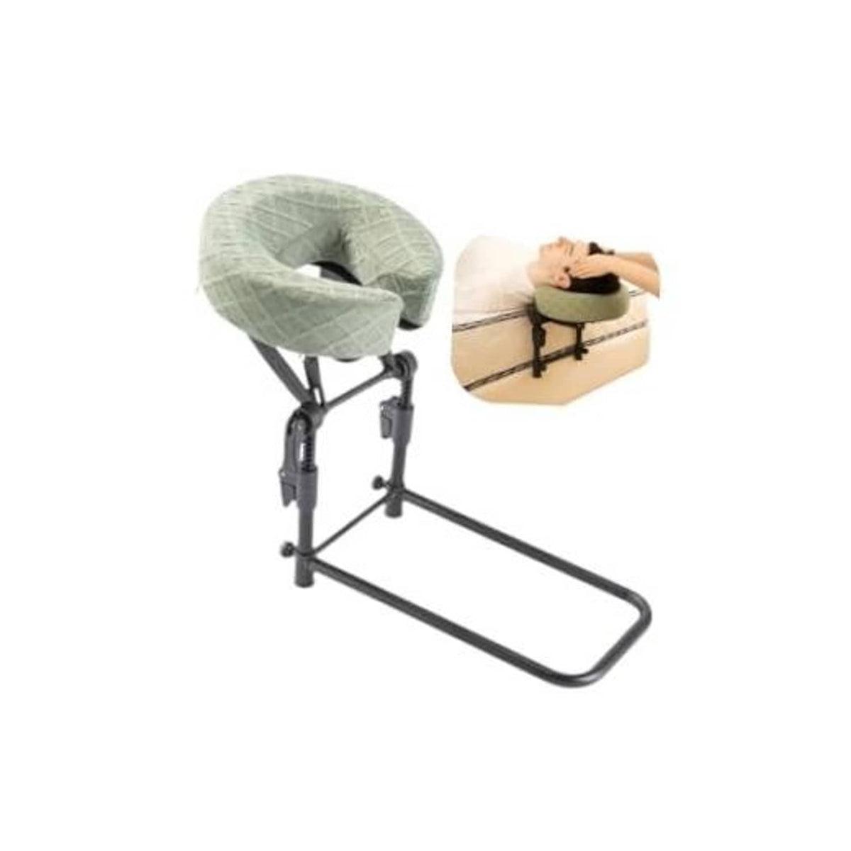 Green massage headrest pillow with adjustable stand and curved foot bar