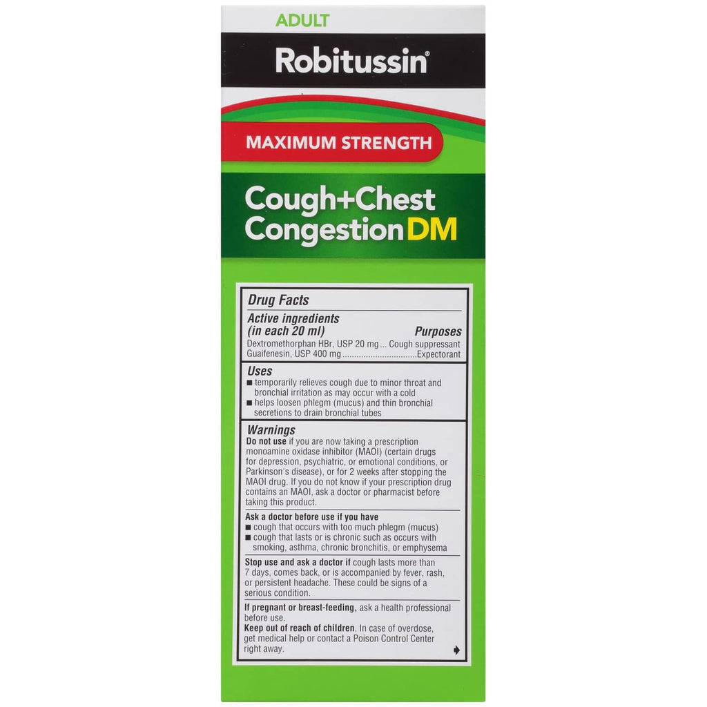 Robitussin DM maximum strength cough+chest congestion medicine box with drug facts