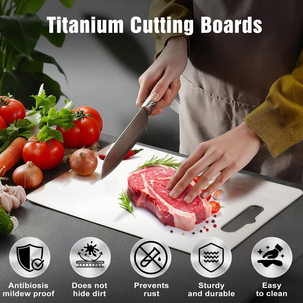 Silver titanium cutting board with hanging slot, used for slicing meat and vegetables