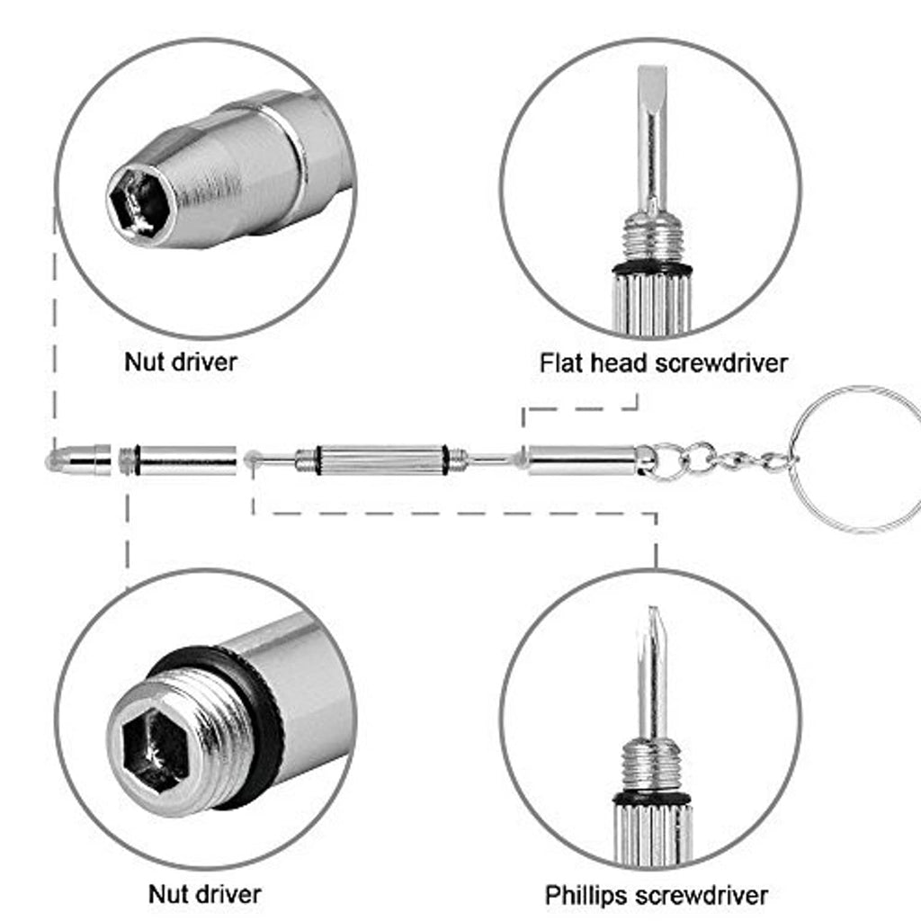 Screwdriver set for eyeglass repair: nut driver and two screwdrivers with keychain