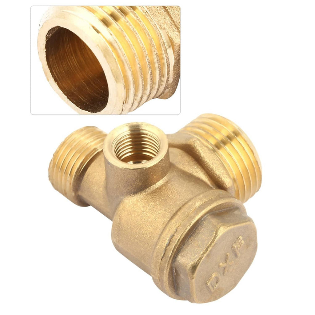 Brass check valve fitting with male threads; inset shows close-up of threaded bore
