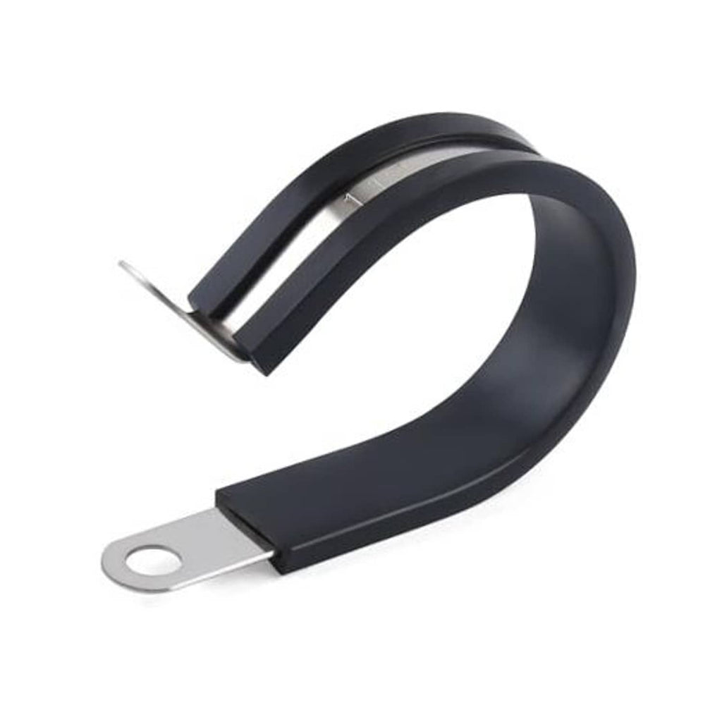 Cable clamp with black rubber inner and stainless steel mounting eye, curved strap