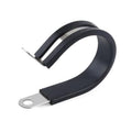 Cable clamp with black rubber inner and stainless steel mounting eye, curved strap