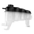 Engine coolant reservoir tank with black cap, dark top and translucent white body