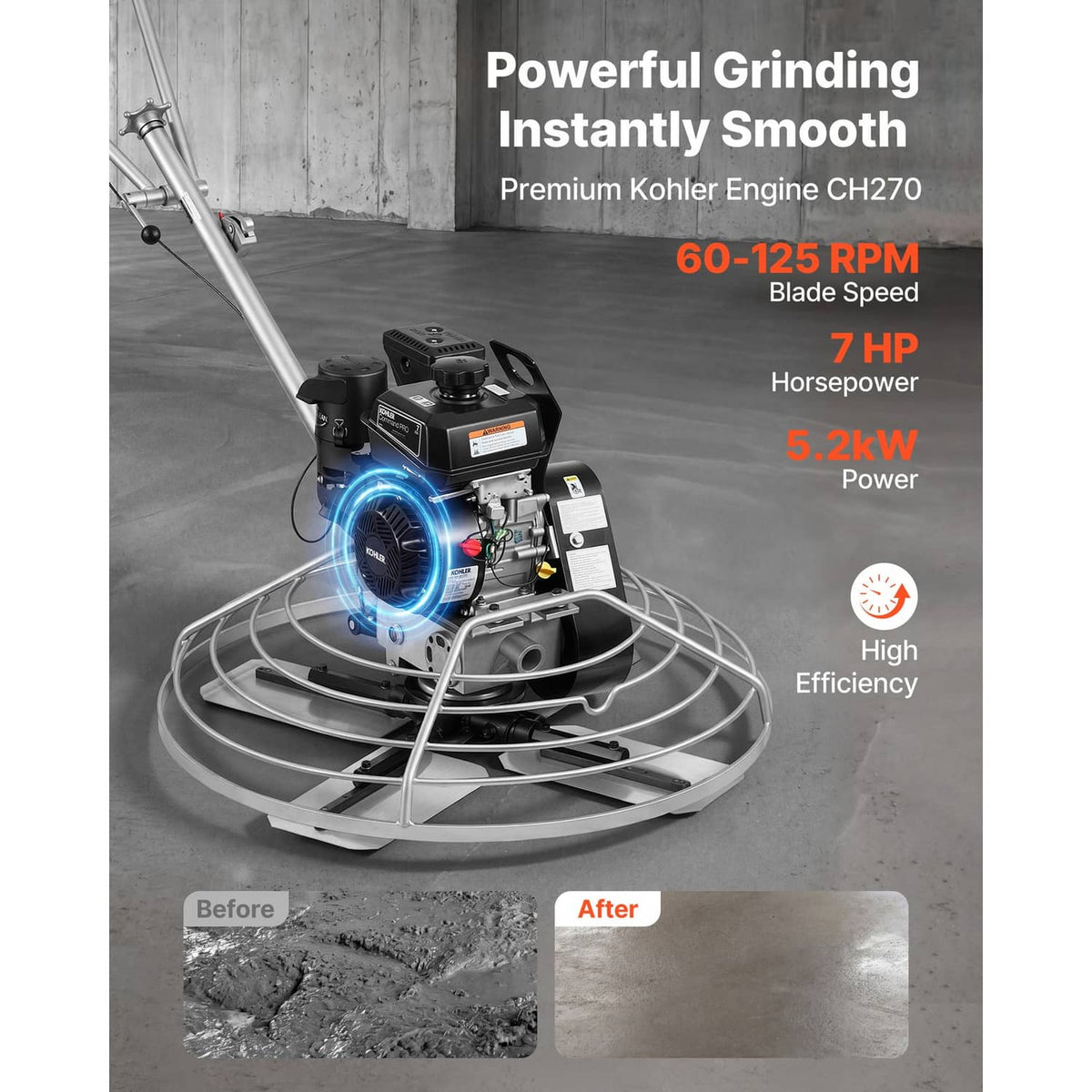 Gas concrete power trowel with circular float pan and protective wheel guard on concrete