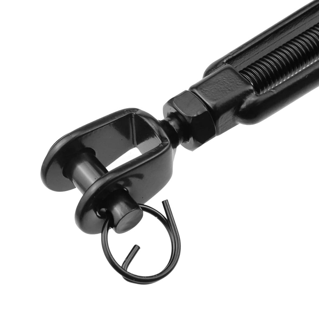 Black jaw turnbuckle hook end with circular ring loop and threaded barrel