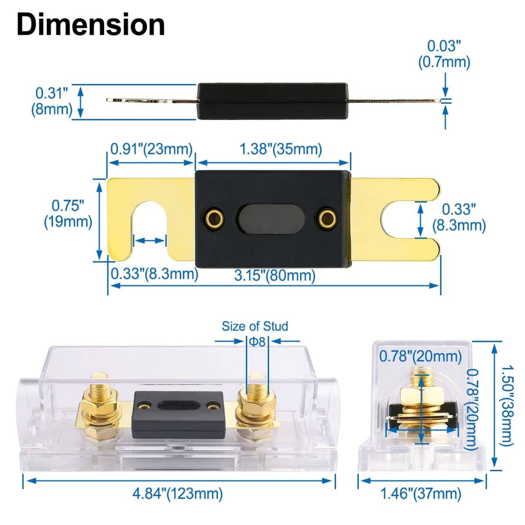 ANL fuse holder kit with clear cover and stud/terminal size diagram