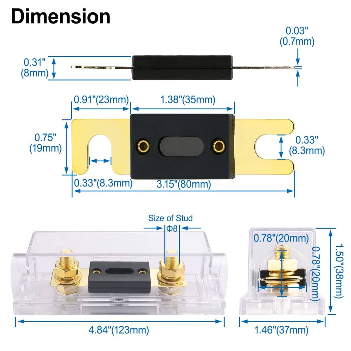 ANL fuse holder kit with clear cover and stud/terminal size diagram