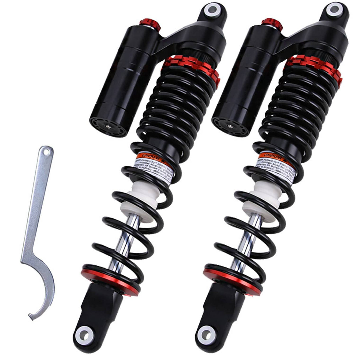 Pair of front air shock absorbers with black bodies, red rings, white bump stops, tool included