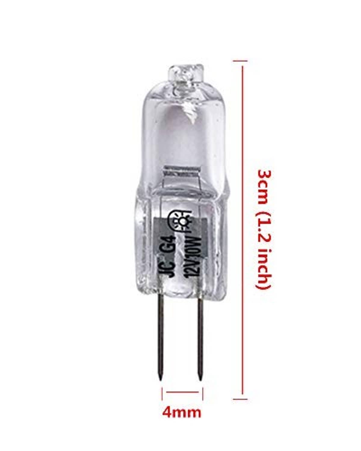 Clear G4 two-pin light bulb, labeled dimensions 3cm height and 4mm base pins