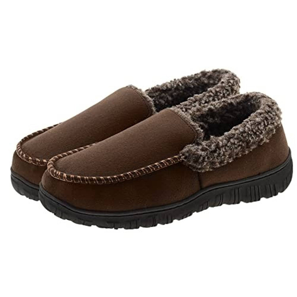 Brown moccasin house slippers with fuzzy side lining and ridged rubber sole