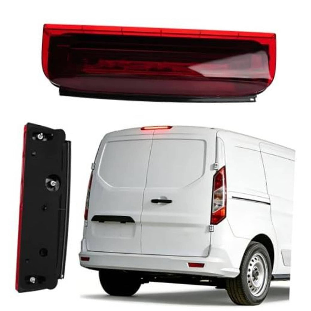 Center high mount stop light with red lens and black mounting housing