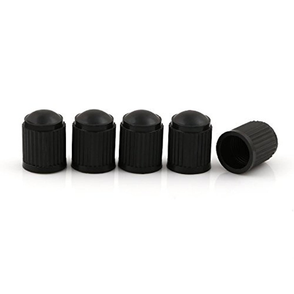 Five black plastic valve stem caps, ribbed sides, rounded top and open end