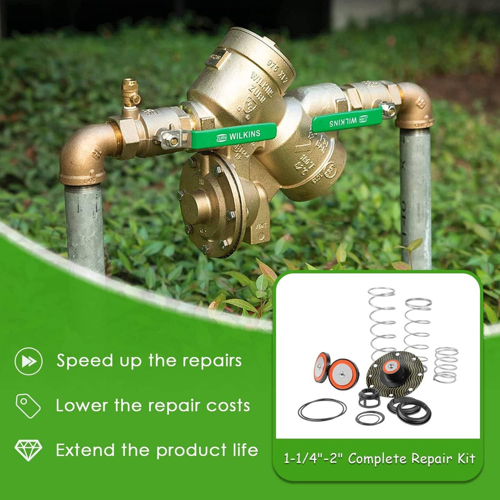 Wilkins 975XL backflow preventer with repair kit components shown on the valve body