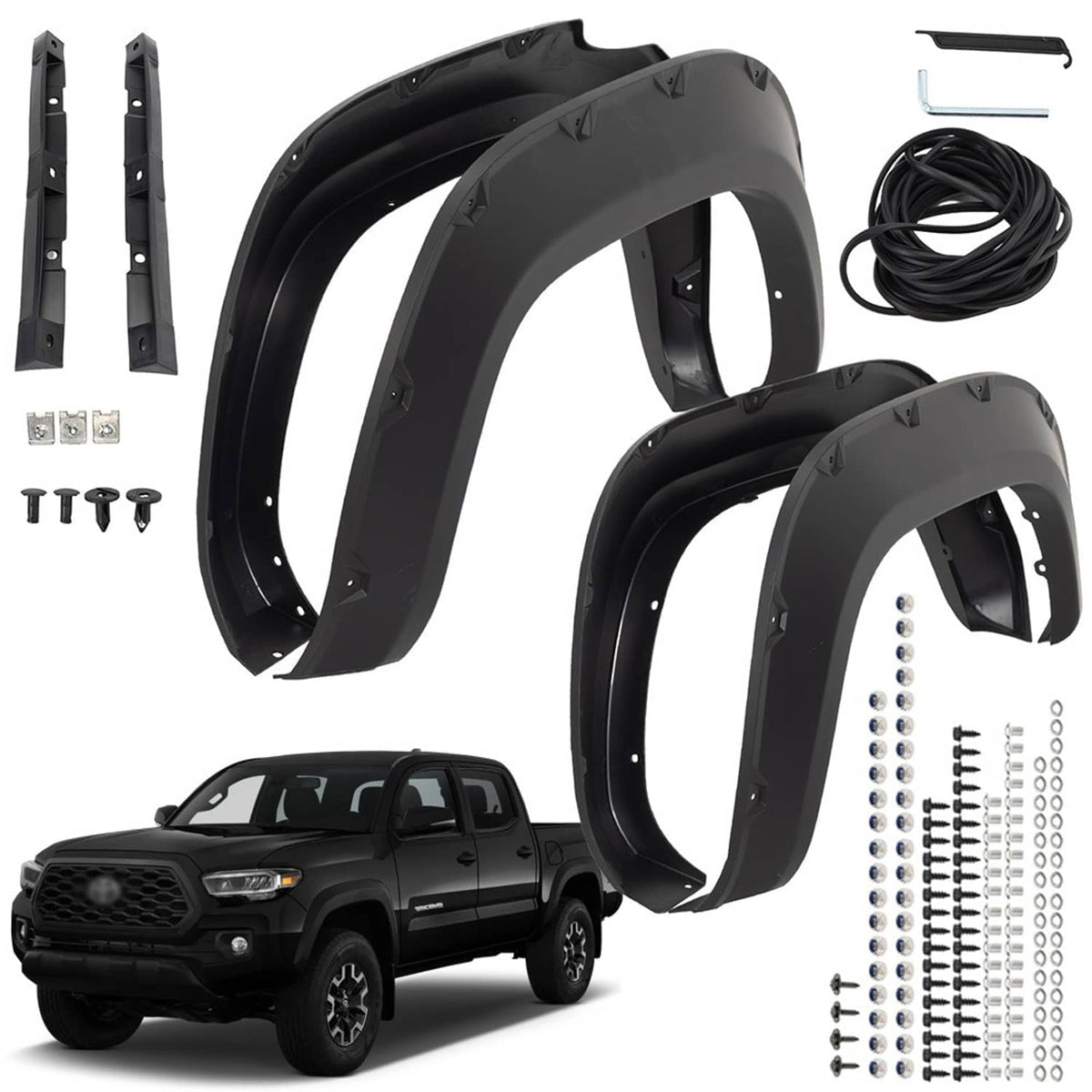 Black wheel fender flare trim kit with brackets, screws, and coiled wire