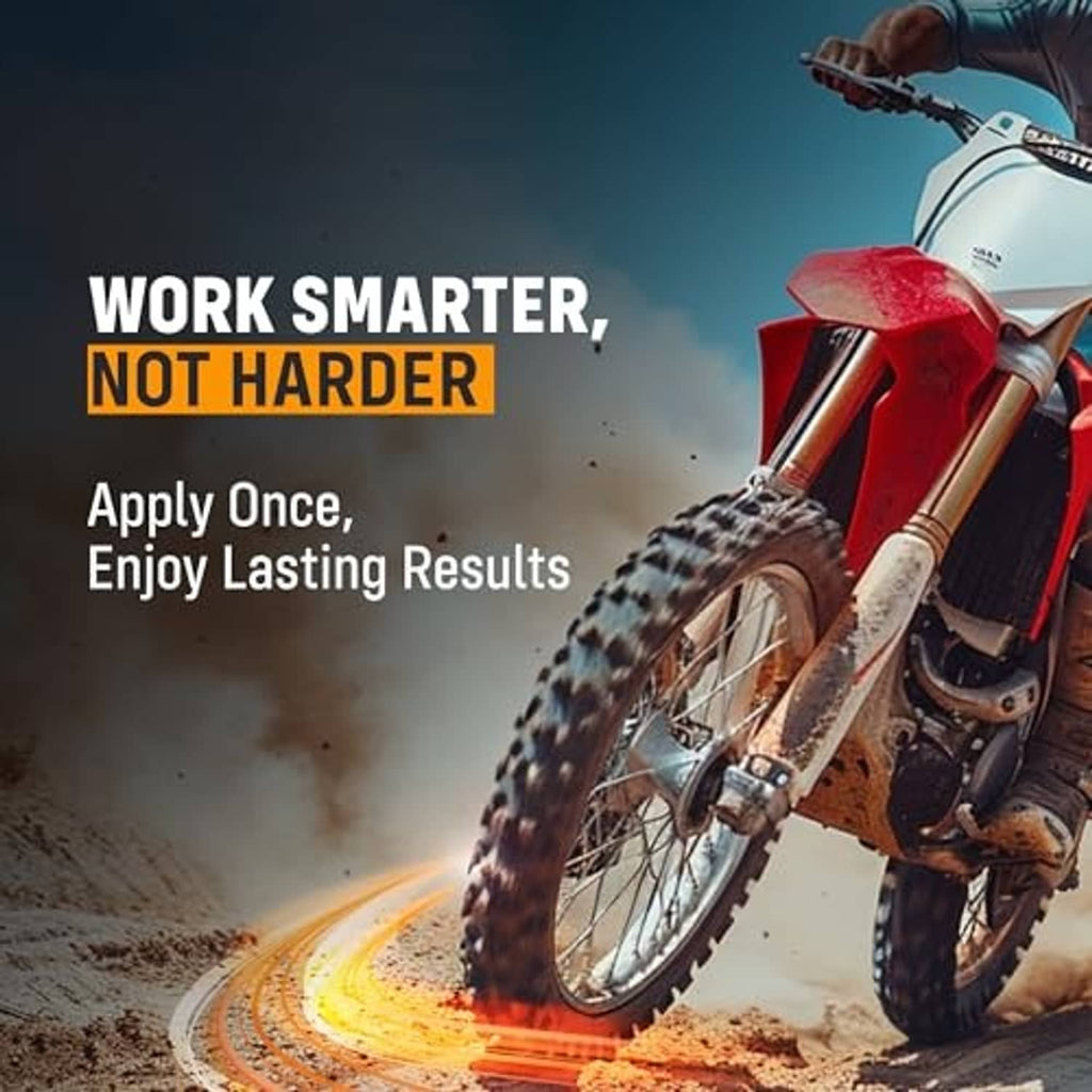 Tire paste promo graphic with motorcycle wheel and tire tread track