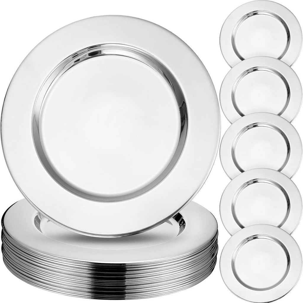 Round silver metal charger plates with raised rim, 13 in, 12-pack