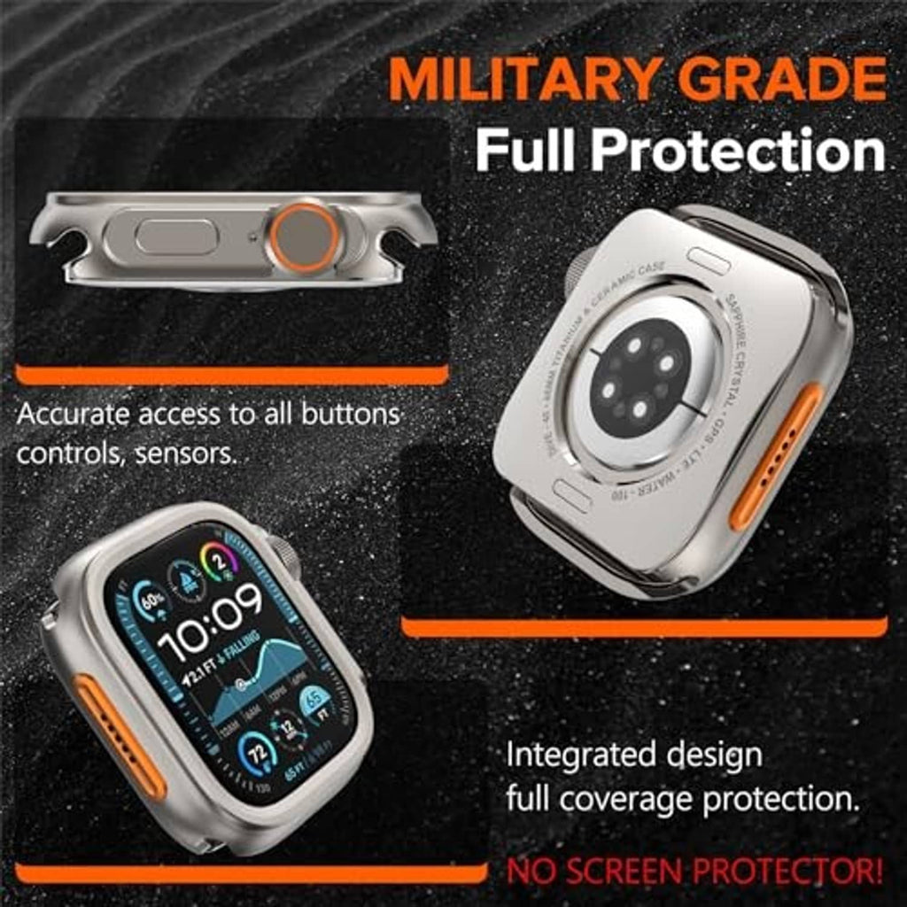 Rugged titanium-tone case with orange side button and full-coverage metal frame