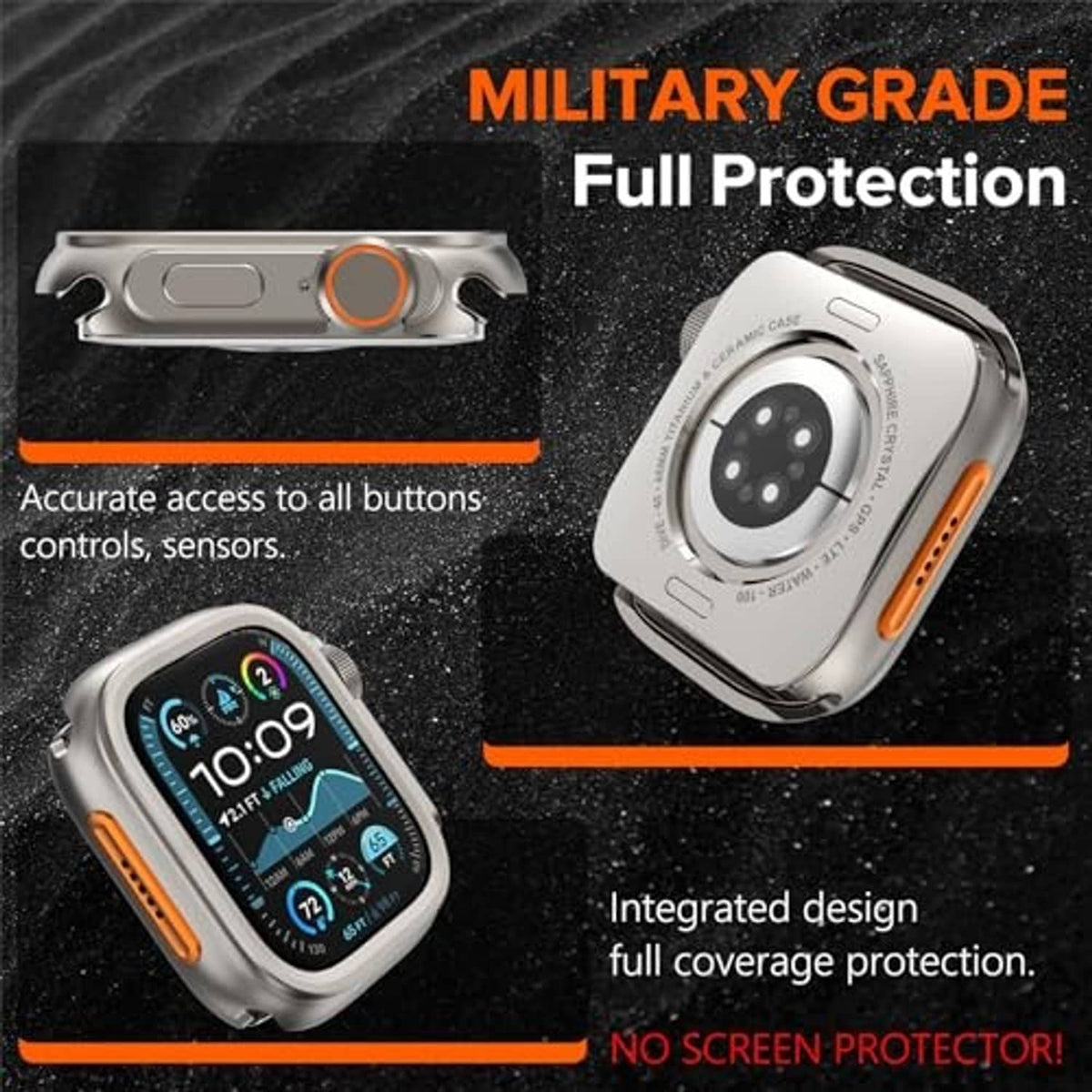 Rugged titanium-tone case with orange side button and full-coverage metal frame