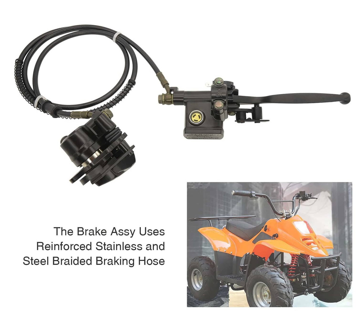 Brake master caliper assembly with hand lever and braided braking hoses, black housing
