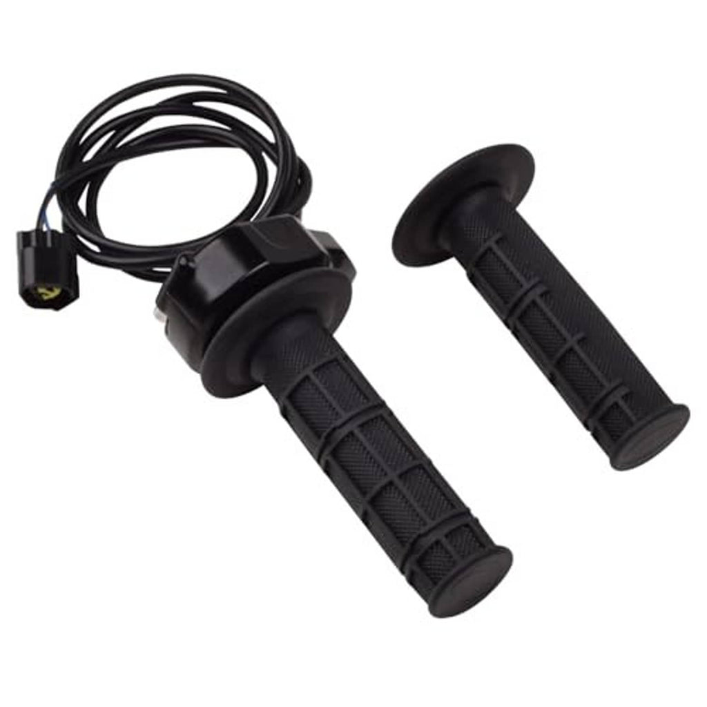 Black left and right rubber handlebar grips with throttle housing and cable