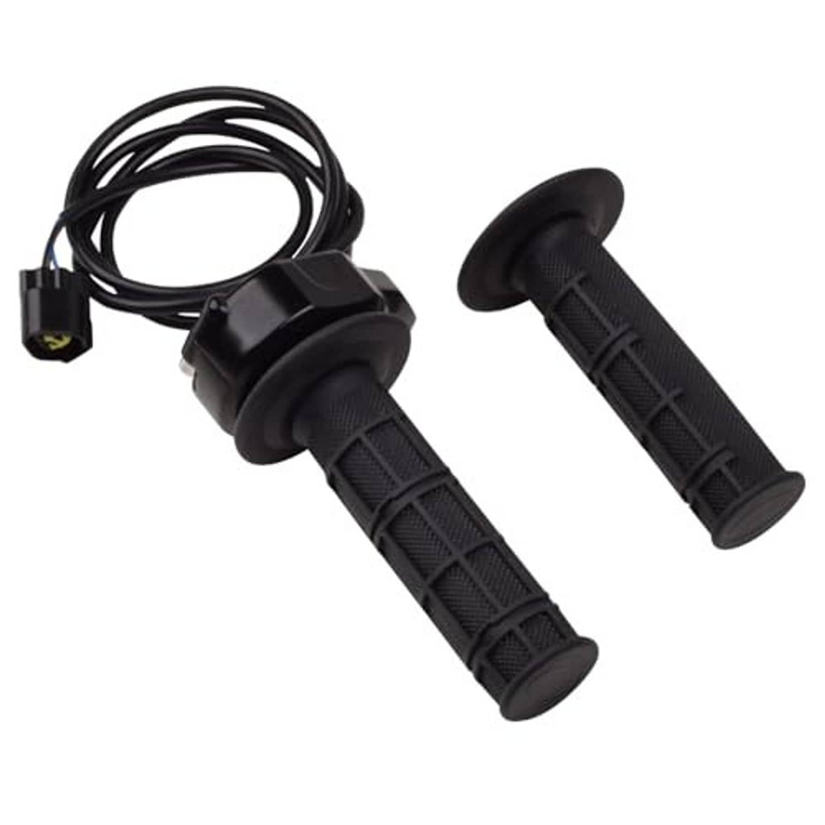 Black left and right rubber handlebar grips with throttle housing and cable