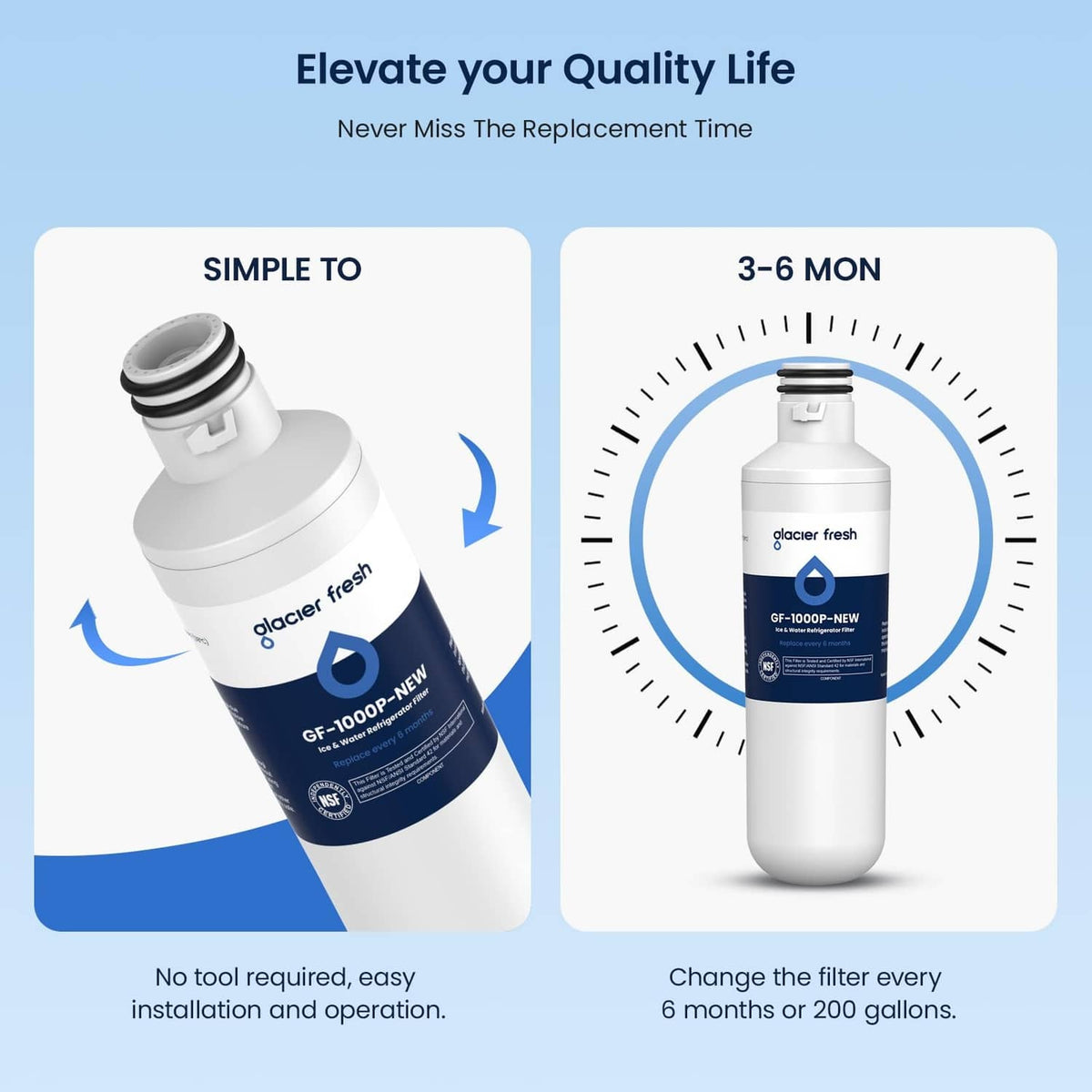 Water filter cartridge with simple install and 3–6 month replacement reminder