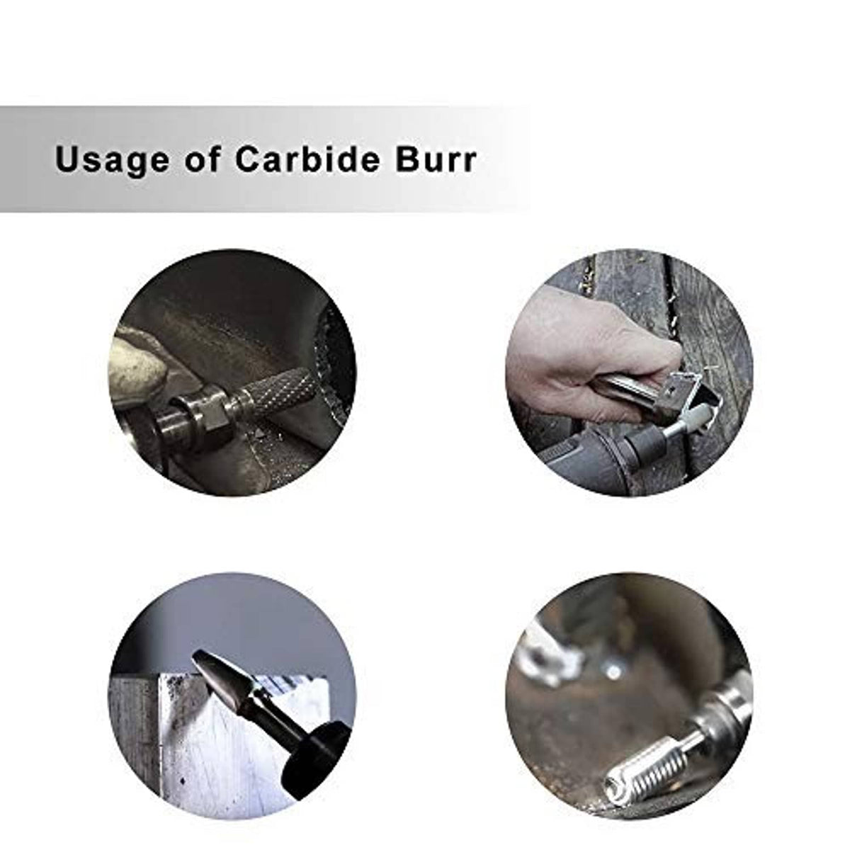 Tungsten carbide burr used on metal workpieces with close-up of grinding tip