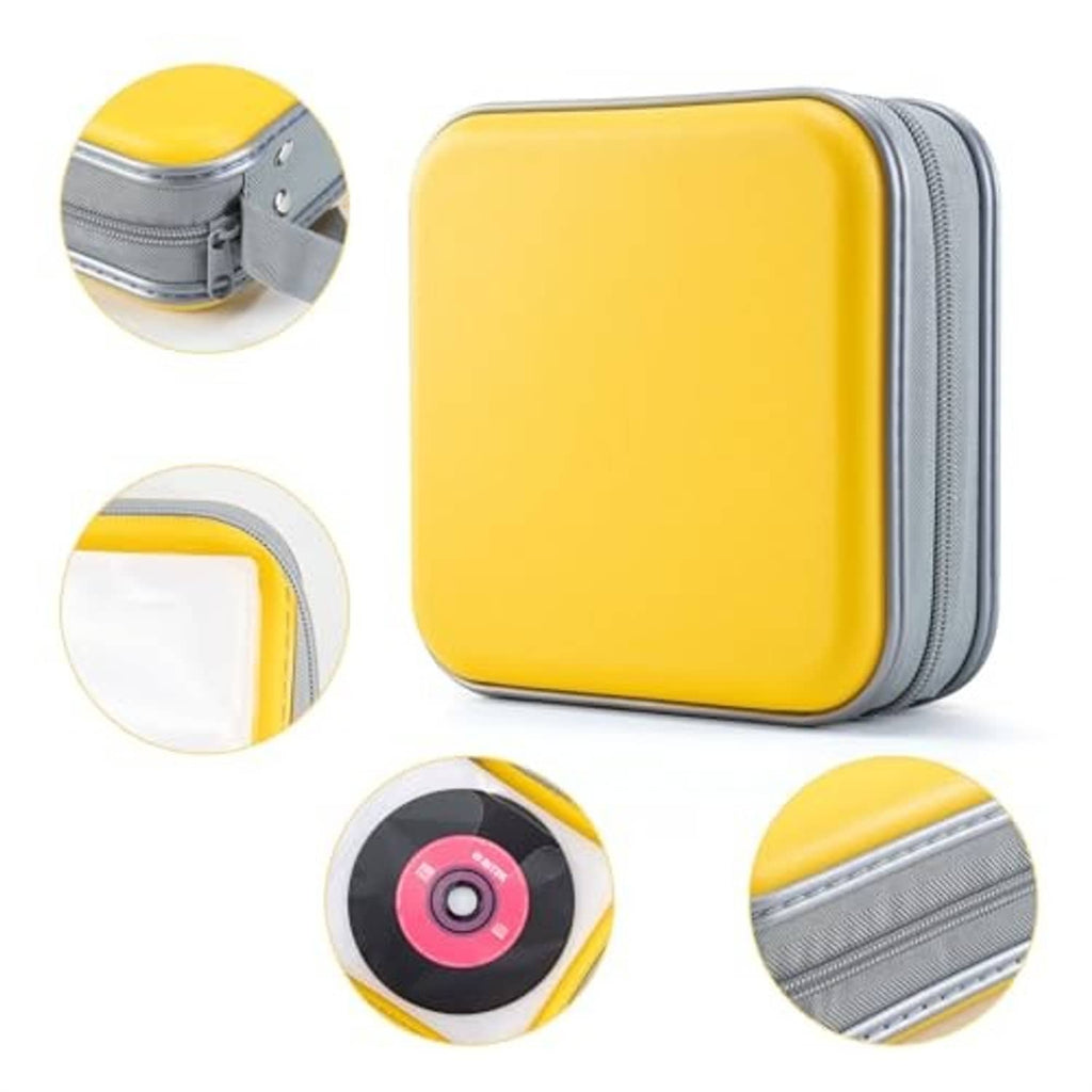 Yellow hard DVD/CD case with gray zipper track and strap; close-up accessory details.