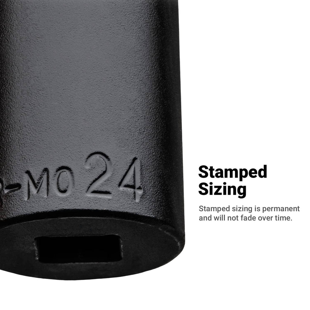Black impact socket end with stamped size '24mm' and square drive opening