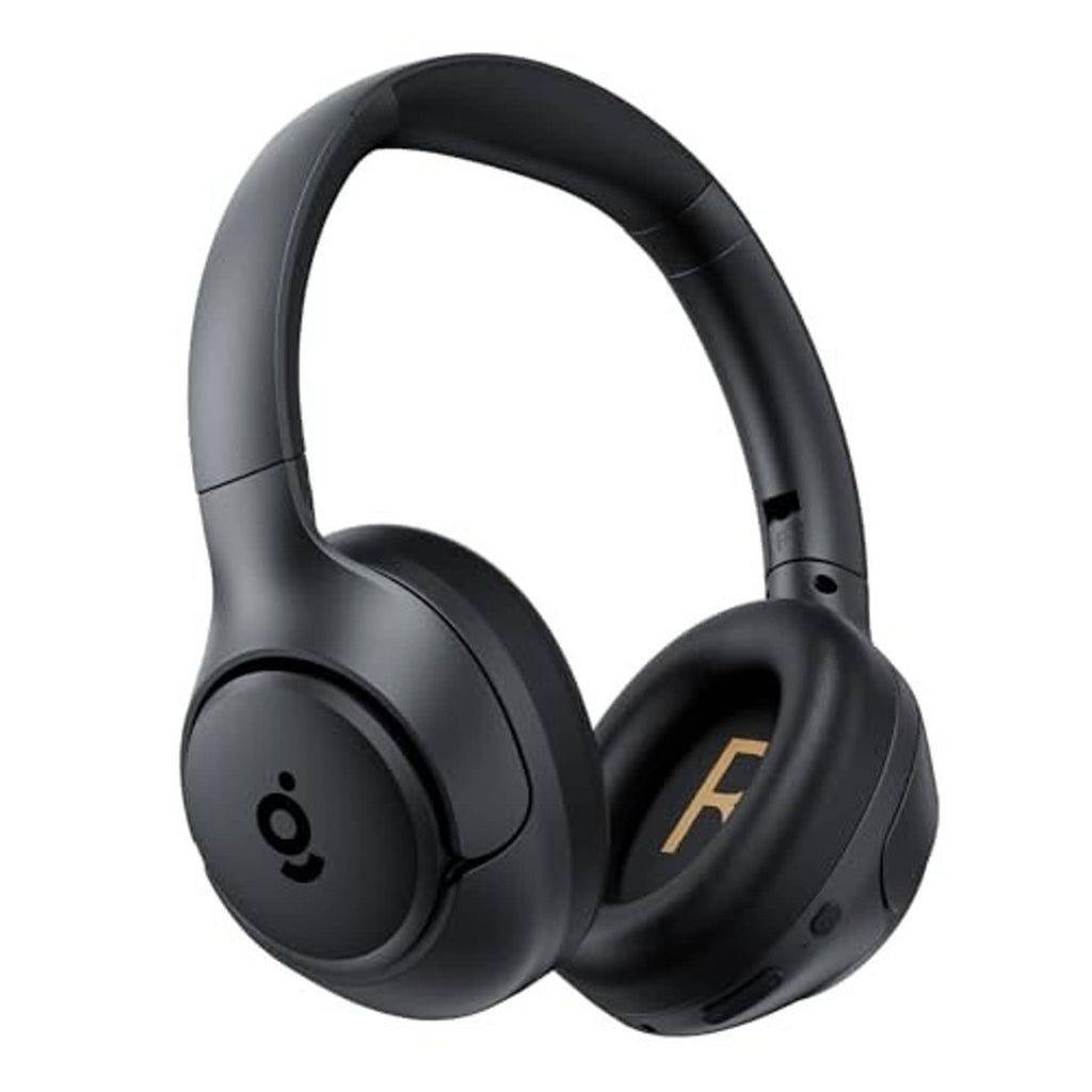 Black over-ear wireless headphones, side view with control panel on the earcup