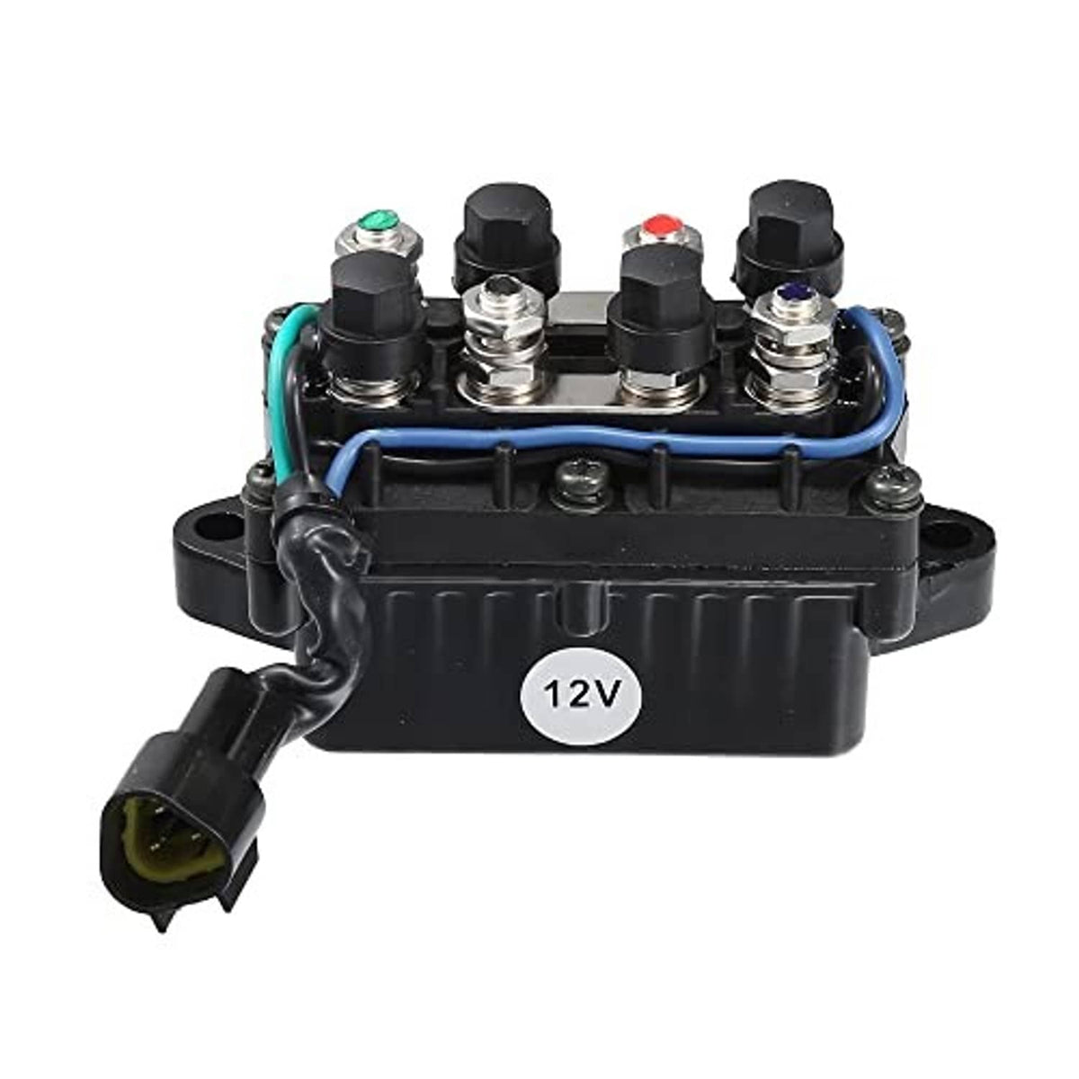 Black 12V outboard trim relay with blue wire harness and stacked metal terminals