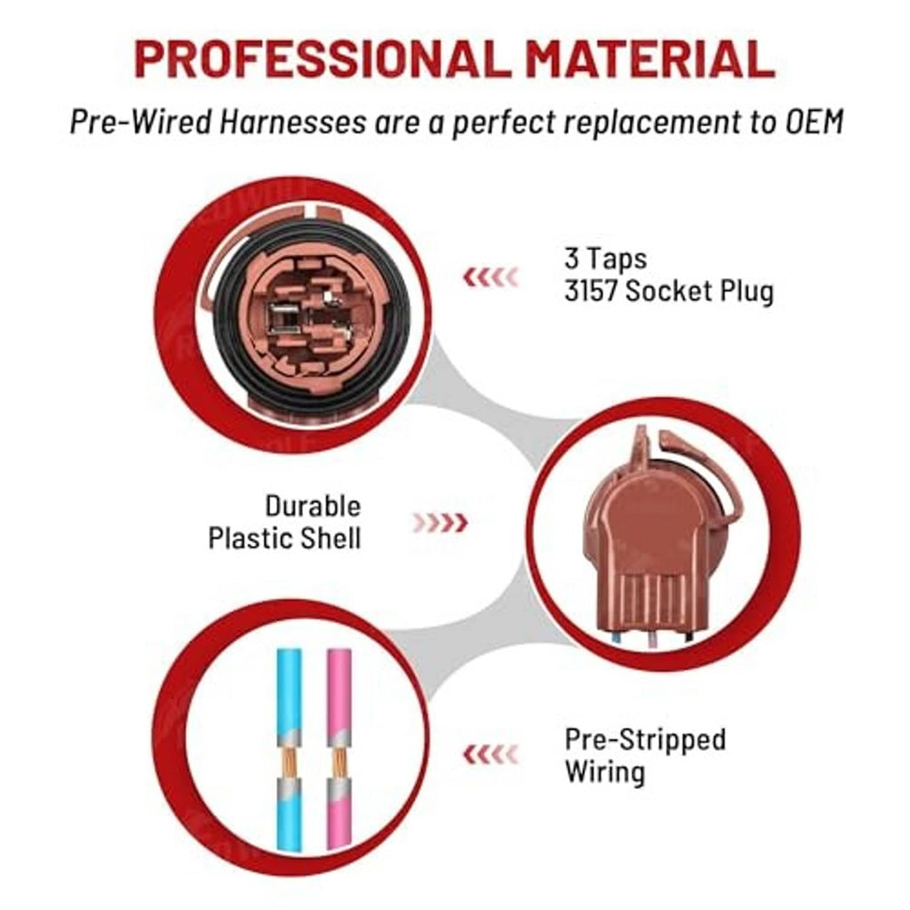 Pre-wired harness socket adapter diagram with durable plastic shell and pre-stripped wiring