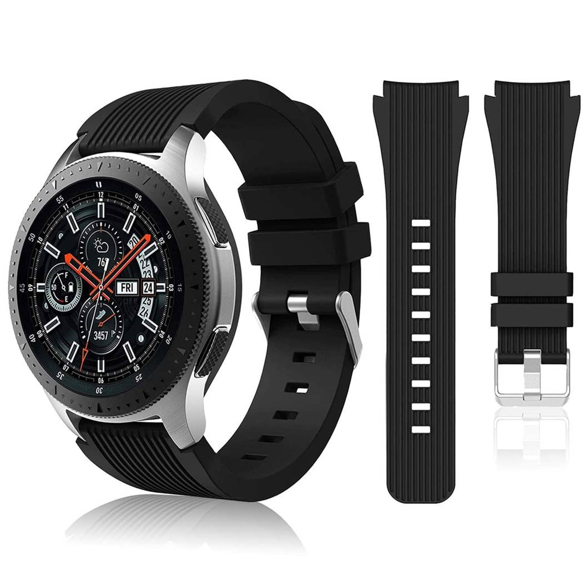 Black silicone watch band with ridged texture and buckle, on round smartwatch