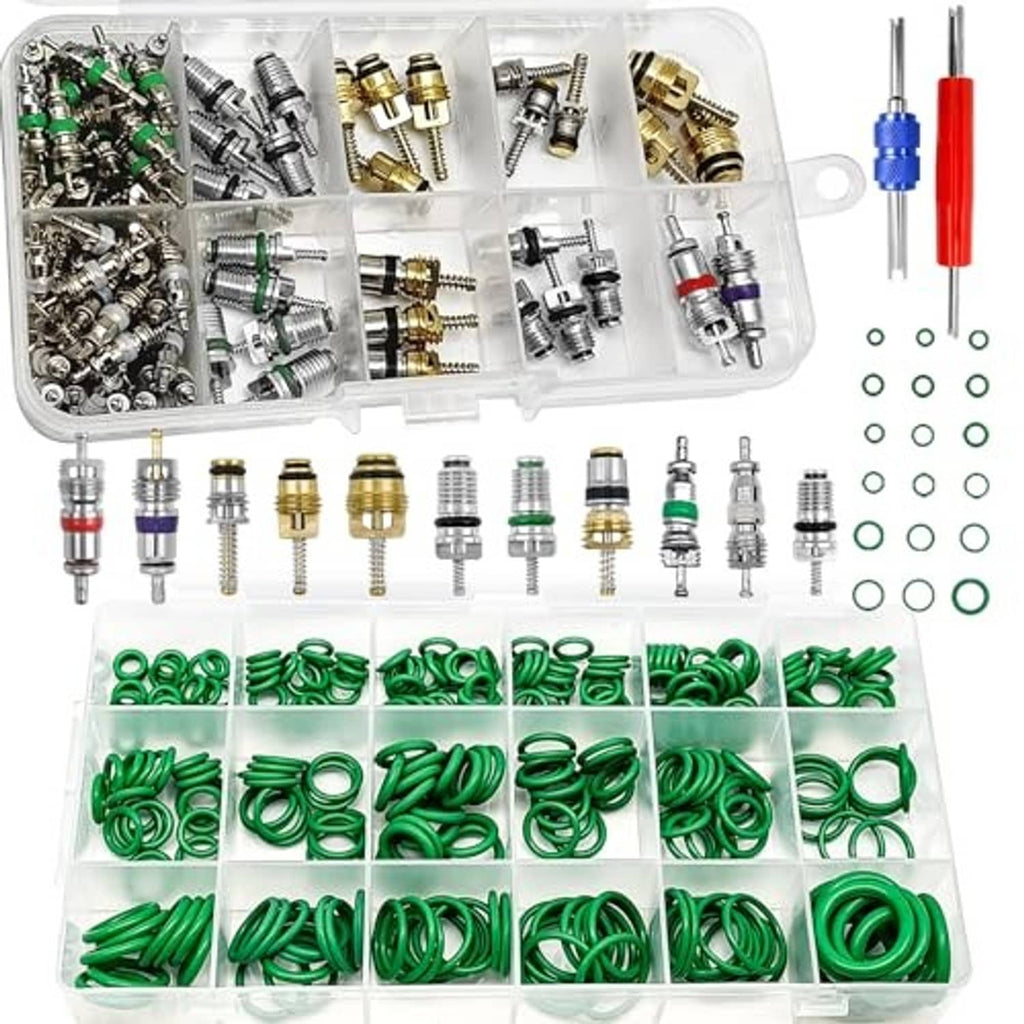 Car A/C repair kit in clear organizer with green O-rings, metal valve cores, and tools